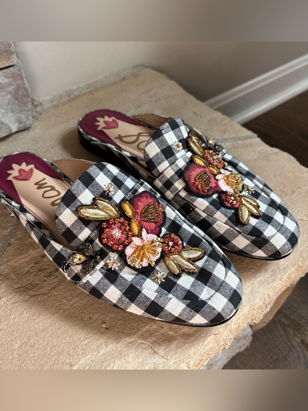 Sam Edelman Pemberly Black & White Gingham Embroidered Floral Mule Loafers